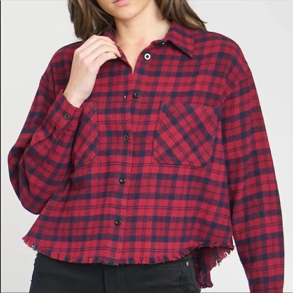 NWT Pistola Flannel Long Sleeve Oversized Shirt w/ Raw Hem Red & Black Plaid XS